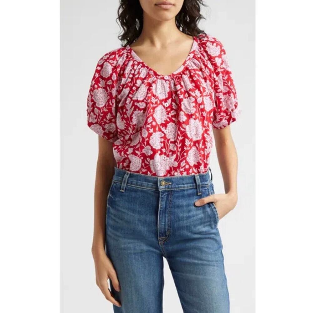 Mille Blouse Naomi Cotton Floral Print Puff Sleeve Top Red Zinnia